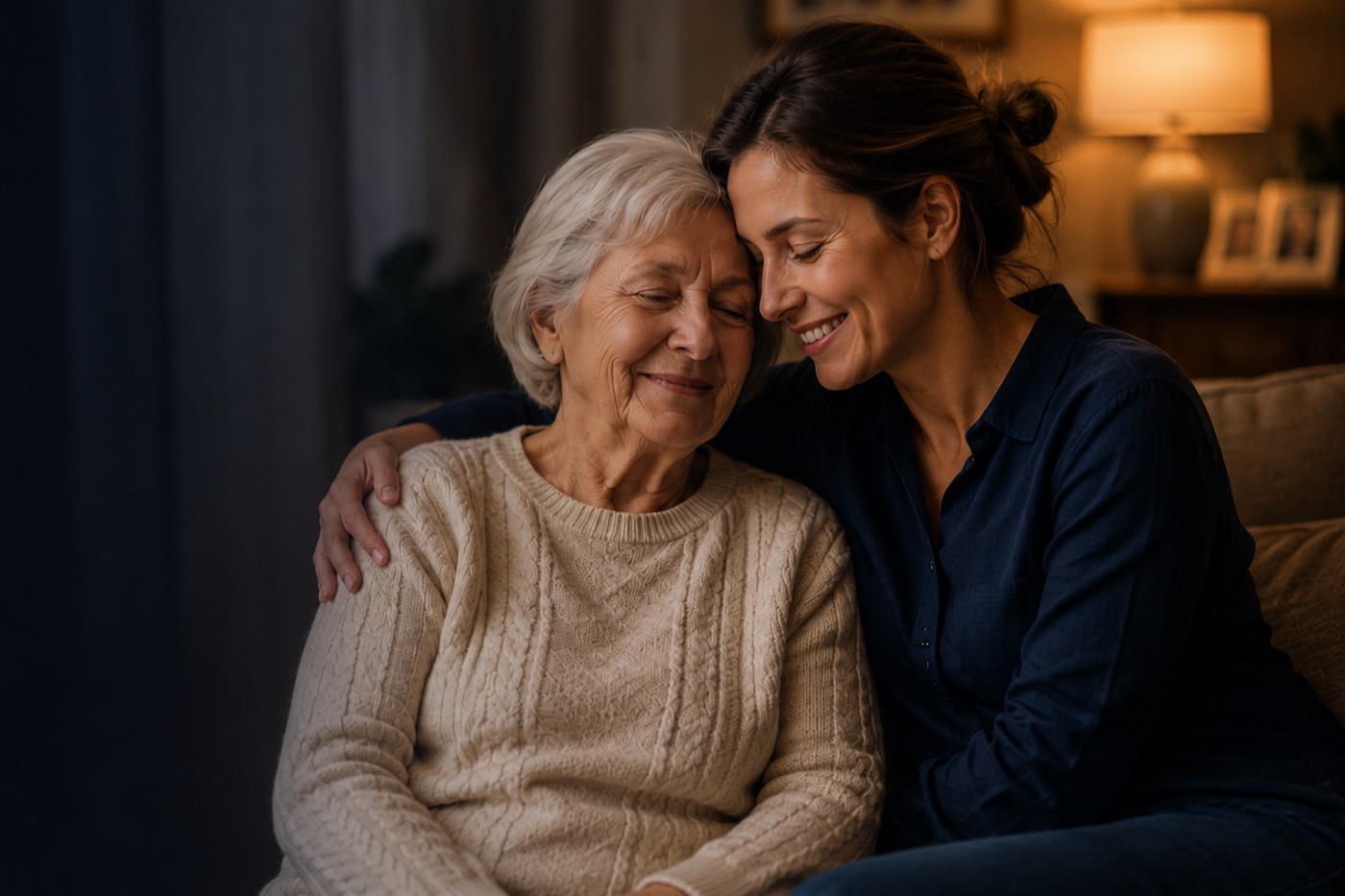 A caregiver sitting with an older woman at home, sharing a warm moment